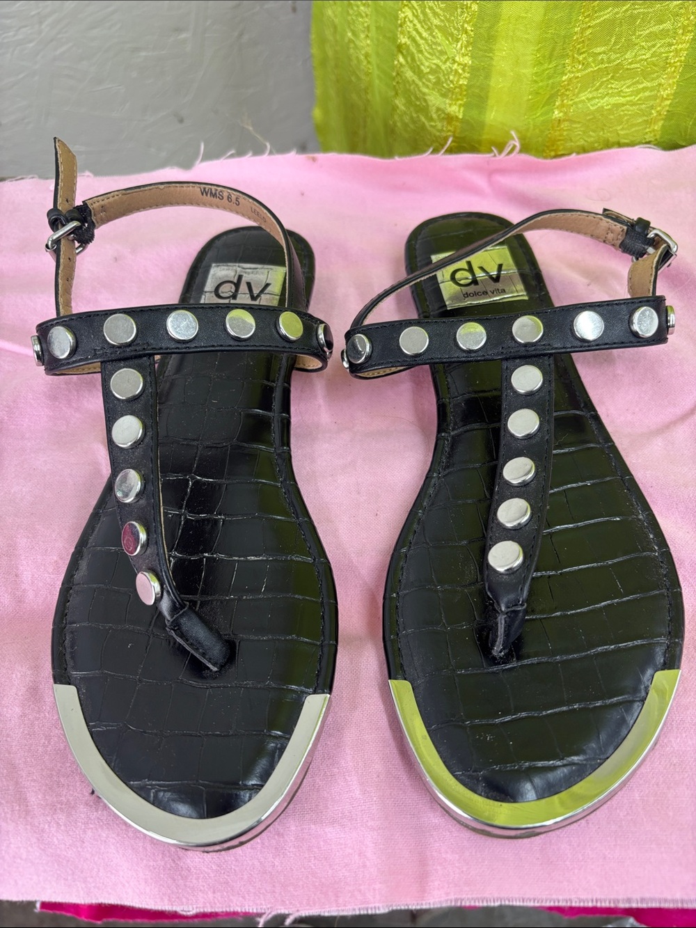 DV by Dolce Vita Black T-Strap Sandals with Silver Studs- 6.5